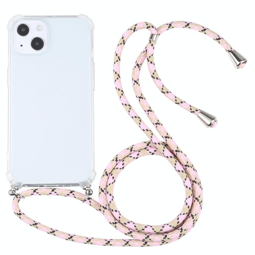 For iPhone 13 Four-corner Shockproof Transparent TPU Protective Case with Lanyard(Colorful Pink)