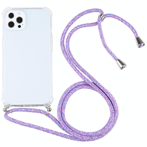 For iPhone 13 Pro Max Four-corner Shockproof Transparent TPU Protective Case with Lanyard (Colorful Purple)