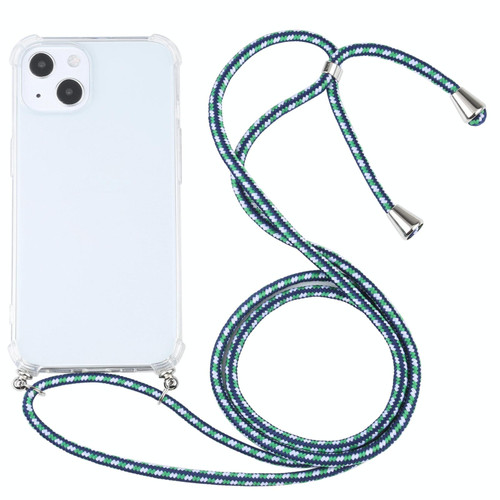 For iPhone 13 Four-corner Shockproof Transparent TPU Protective Case with Lanyard(Green White)