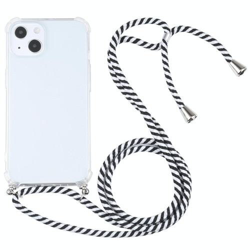 For iPhone 13 Four-corner Shockproof Transparent TPU Protective Case with Lanyard(Black White)