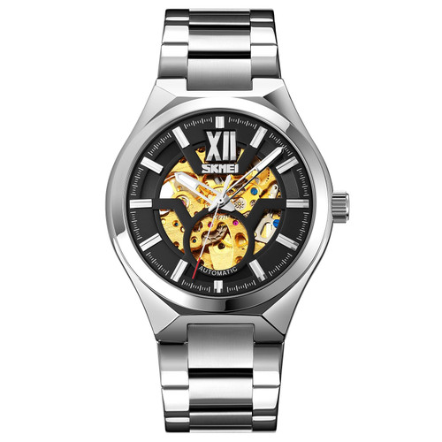 SKMEI 9258 Men Two-color Stainless Steel Strap Automatic Mechanical Watch(Silver Shell Black Surface)