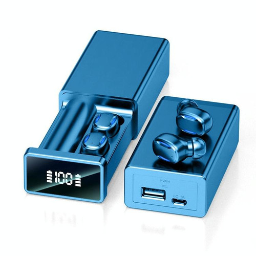 A22 English Version Pull-out Digital Display Bluetooth Earphone with Magnetic Charging Box, Support Touch Light & Power Bank (Blue)