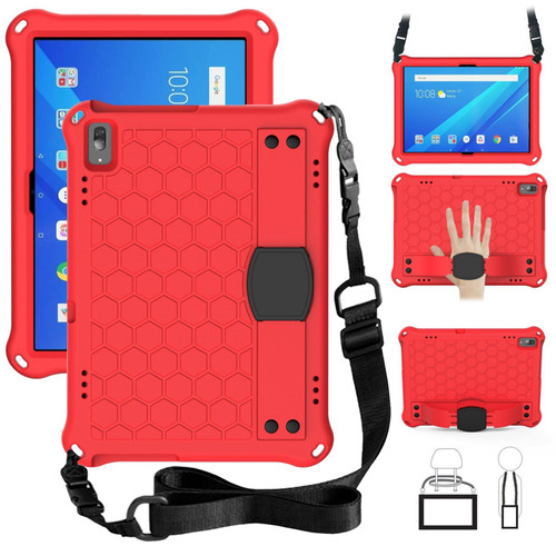 For Lenovo Tab 4 10 Plus TB-X704F/N/L/V Honeycomb Design EVA + PC Material Four Corner Anti Falling Flat Protective Shell with Strap(Red+Black)