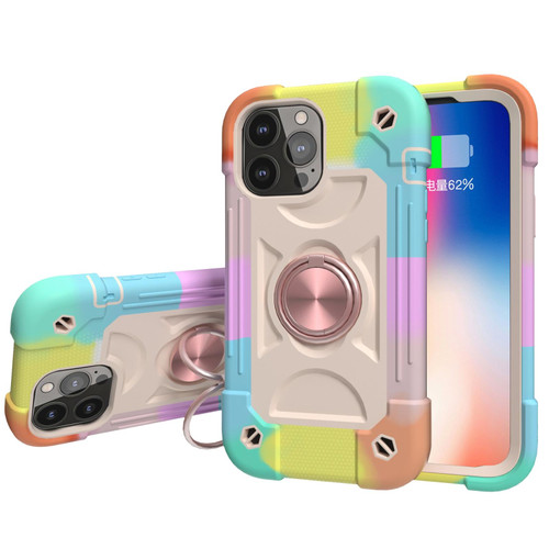 For iPhone 13 Pro Max Shockproof Silicone + PC Protective Case with Dual-Ring Holder (Colorful Rose Gold)