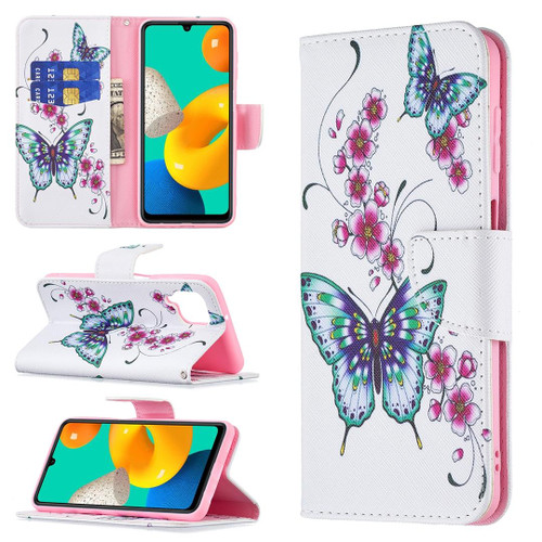 For Samsung Galaxy M32 Colored Drawing Horizontal Flip Leather Case with Holder & Card Slots & Wallet(Peach Blossom and Butterfly)