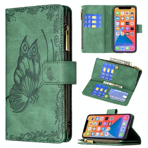 For iPhone 13 Pro Max Flying Butterfly Embossing Pattern Zipper Horizontal Flip Leather Case with Holder & Card Slots & Wallet (Green)