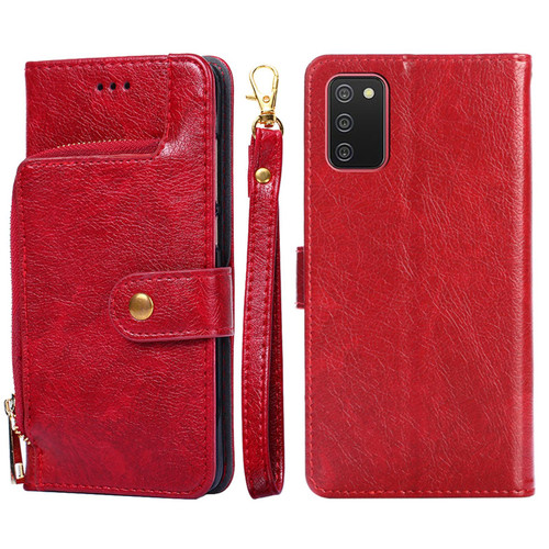 For Samsung Galaxy A02s EU Version Zipper Bag PU + TPU Horizontal Flip Leather Case with Holder & Card Slot & Wallet & Lanyard(Red)