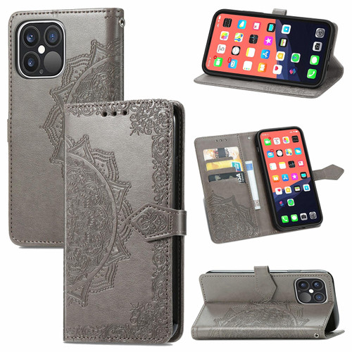For iPhone 13 Pro Max Mandala Flower Embossed Horizontal Flip Leather Case with Holder & Three Card Slots & Wallet & Lanyard  (Grey) For iPhone 13 Pro Max Mandala Flower Embossed Horizontal Flip Leather Case with Holder & Three Card Slots & Wallet & Lanyard  (Grey)