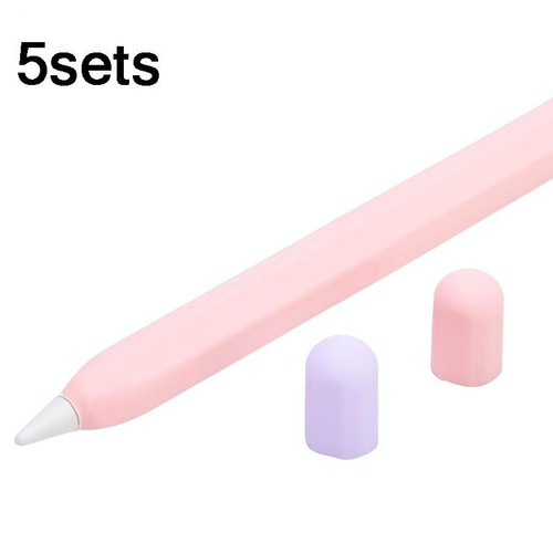 5sets 3 in 1 Stylus Silicone Protective Cover + Two-Color Pen Cap Set For Apple Pencil 2(Girl Pink)