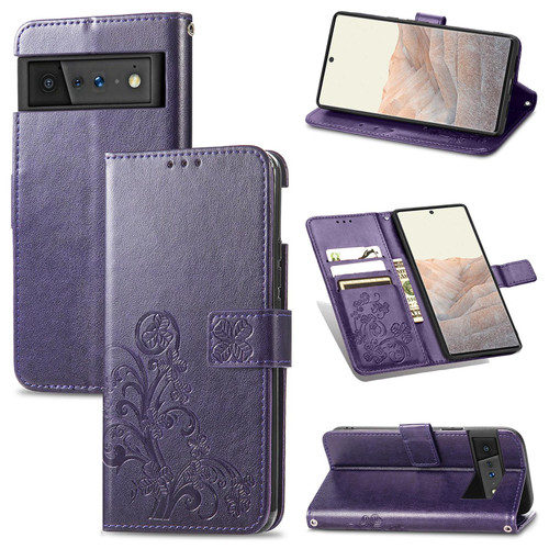 For Google Pixel 6 Pro Four-leaf Clasp Embossed Buckle Mobile Phone Protection Leather Case with Lanyard & Card Slot & Wallet & Bracket Function(Purple) For Google Pixel 6 Pro Four-leaf Clasp Embossed Buckle Mobile Phone Protection Leather Case with Lanyard & Card Slot & Wallet & Bracket Function(Purple)