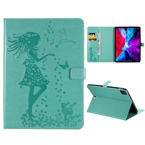 For iPad Pro 12.9 (2020) Pressed Printing Woman and Cat Pattern Horizontal Flip Leather Tablet Case with Holder & Card Slots & Wallet(Green)