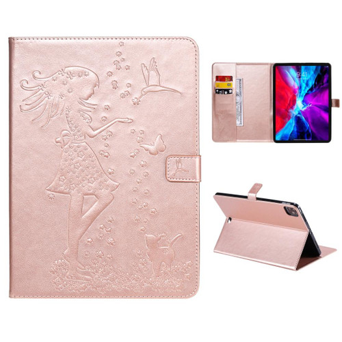 For iPad Pro 11 (2020) Pressed Printing Woman and Cat Pattern Horizontal Flip Leather Tablet Case with Holder & Card Slots & Wallet(Rose Gold)