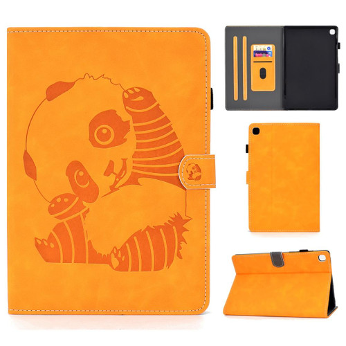For Galaxy Tab S5e T720 Embossing Sewing Thread Horizontal Painted Flat Leather Case with Sleep Function & Pen Cover & Anti Skid Strip & Card Slot & Holder(Khaki)