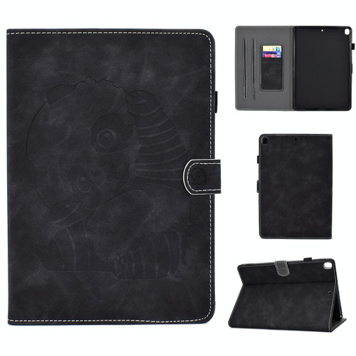 For iPad Pro 10.5 inch Embossing Panda Sewing Thread Horizontal Painted Flat Leather Case with Sleep Function & Pen Cover & Anti Skid Strip & Card Slot & Holder(Black)