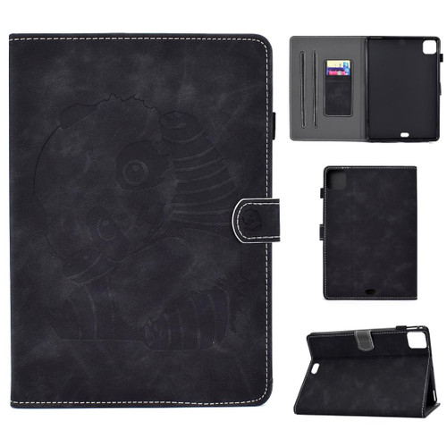 For iPad Pro 11 (2020) Embossing Sewing Thread Horizontal Painted Flat Leather Tablet Case with Sleep Function & Pen Cover & Anti Skid Strip & Card Slot & Holder(Black)