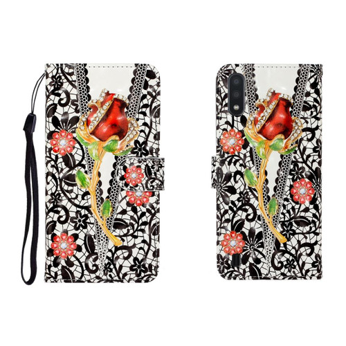 For Galaxy A01 3D Colored Drawing Horizontal Flip Leather Case with Holder & Card Slot & Wallet(Screw Rose Flower)