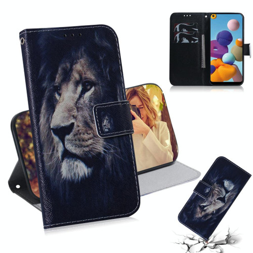 For Galaxy A21 3D Colored Drawing Horizontal Flip Leather Case with Holder & Card Slot & Wallet(Lion)