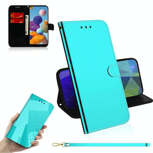 For Galaxy A21 Lmitated Mirror Surface Horizontal Flip Leather Case with Holder & Card Slots & Wallet & Lanyard(Mint Green)