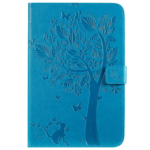 For iPad Mini 2019 & 4 & 3 & 2 & 1 Pressed Printing Cat and Tree Pattern Horizontal Flip Leather Case with Holder & Card Slots & Wallet(Blue)