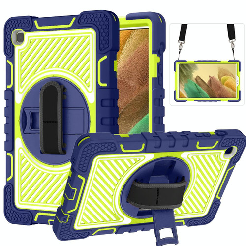 For Samsung Galaxy Tab A7 Lite T220 / T225 360 Degree Rotation Contrast Color Shockproof Silicone + PC Case with Holder & Hand Grip Strap & Shoulder Strap(Navy+Yellow Green)