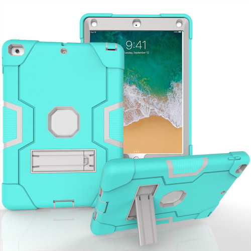 Contrast Color Robot Shockproof Silicone + PC Protective Case with Holder For iPad 9.7 (2017) / (2018)(Grey + Mint Green)