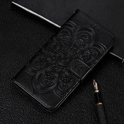 For Samsung Galaxy A22 4G Sun Mandala Embossing Pattern Horizontal Flip PU Leather Case with Holder & Card Slots & Wallet & Lanyard(Black)