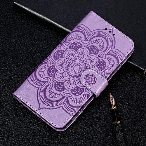 For Samsung Galaxy A22 4G Sun Mandala Embossing Pattern Horizontal Flip PU Leather Case with Holder & Card Slots & Wallet & Lanyard(Purple)