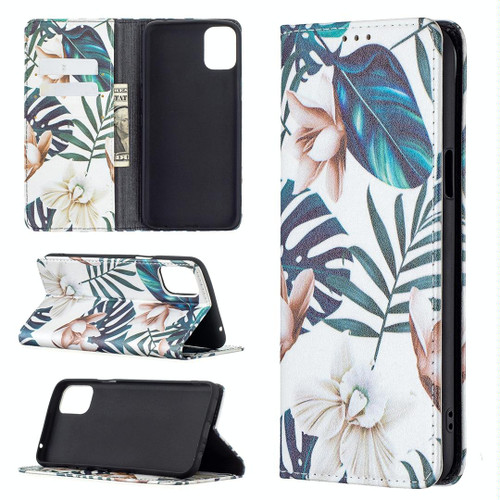 For LG K42 Colored Drawing Pattern Invisible Magnetic Horizontal Flip PU Leather Case with Holder & Card Slots & Wallet(Red Leaves)
