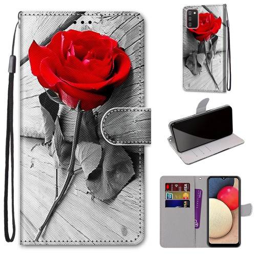 For Samsung Galaxy A02s / M02s Coloured Drawing Cross Texture Horizontal Flip PU Leather Case with Holder & Card Slots & Wallet & Lanyard(Wood Red Rose)