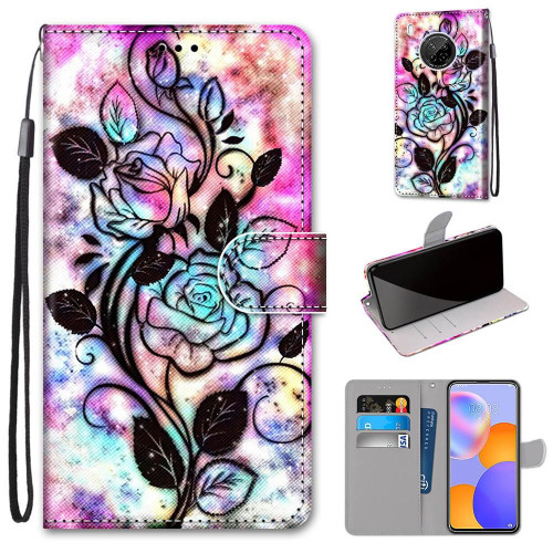 For Huawei Y9a Coloured Drawing Cross Texture Horizontal Flip PU Leather Case with Holder & Card Slots & Wallet & Lanyard(Color Bottom Hollow Flower)