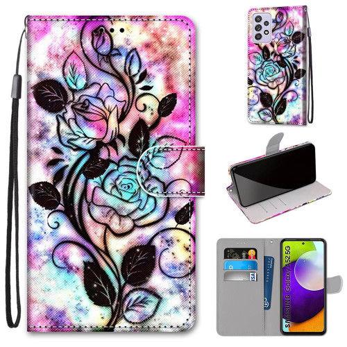 For Samsung Galaxy A52 5G / 4G Coloured Drawing Cross Texture Horizontal Flip PU Leather Case with Holder & Card Slots & Wallet & Lanyard(Color Bottom Hollow Flower)