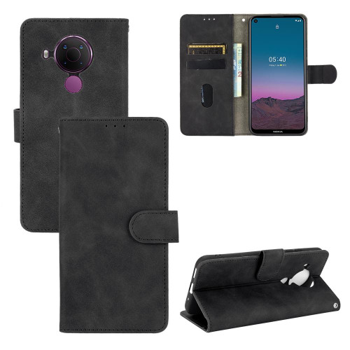 For Nokia 5.4 Solid Color Skin Feel Magnetic Buckle Horizontal Flip Calf Texture PU Leather Case with Holder & Card Slots & Wallet(Black)