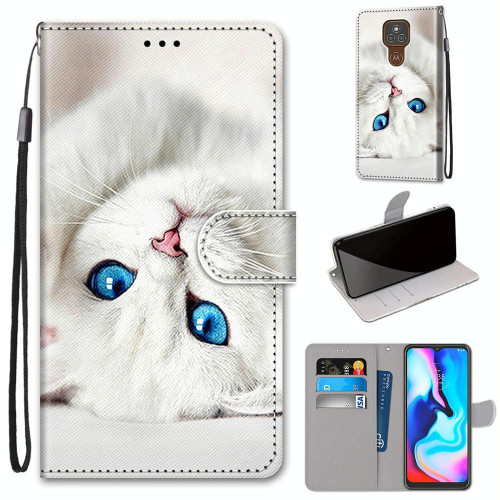 For Motorola Moto E7 Plus / G9 Play / G9 Coloured Drawing Cross Texture Horizontal Flip PU Leather Case with Holder & Card Slots & Wallet & Lanyard(White Kitten)