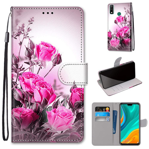 For Huawei Y8s Coloured Drawing Cross Texture Horizontal Flip PU Leather Case with Holder & Card Slots & Wallet & Lanyard(Wild Rose)