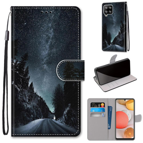 For Samsung Galaxy A42 5G Coloured Drawing Cross Texture Horizontal Flip PU Leather Case with Holder & Card Slots & Wallet & Lanyard(Mountain Road Starry Sky)