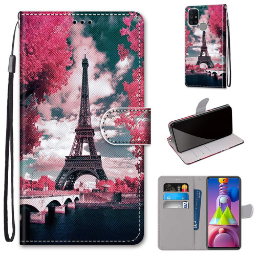 For Samsung Galaxy M51 Coloured Drawing Cross Texture Horizontal Flip PU Leather Case with Holder & Card Slots & Wallet & Lanyard(Pink Flower Tower Bridge)