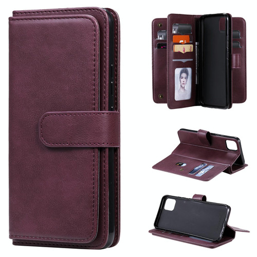 For OPPO Realme C11 Multifunctional Magnetic Copper Buckle Horizontal Flip Solid Color Leather Case with 10 Card Slots & Wallet & Holder & Photo Frame(Wine Red)
