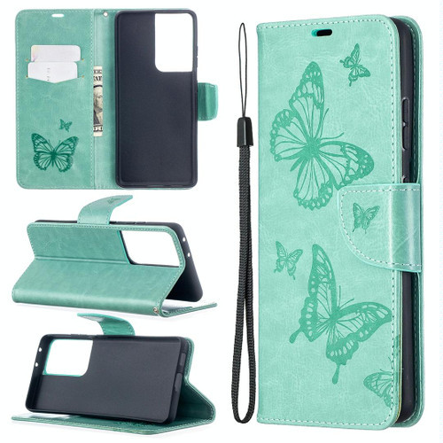 For Samsung Galaxy S21 Ultra 5G Embossing Two Butterflies Pattern Horizontal Flip PU Leather Case with Holder & Card Slot & Wallet & Lanyard(Green)
