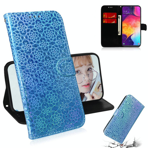 For Galaxy A50 Solid Color Colorful Magnetic Buckle Horizontal Flip PU Leather Case with Holder & Card Slots & Wallet & Lanyard(Blue)