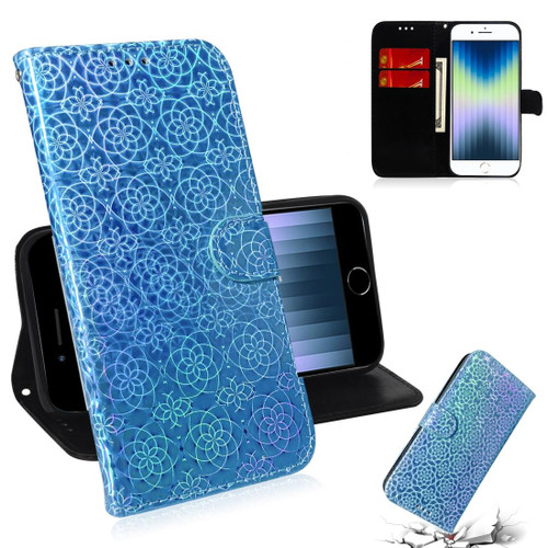 For iPhone 7 / 8 Solid Color Colorful Magnetic Buckle Horizontal Flip PU Leather Case with Holder & Card Slots & Wallet & Lanyard(Blue)