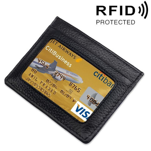 Cowhide Leather Litchi Texture Open Type Solid Color Card Holder RFID Blocking Card Bag Protective Case(Black)