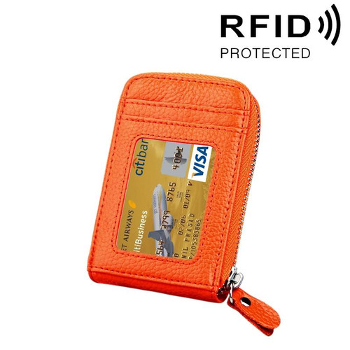 Genuine Cowhide Leather Solid Color Zipper Vertical Card Holder Wallet RFID Blocking Card Bag Protect Case with 12 Card Slots, Size: 11.5*7.5cm(Orange)