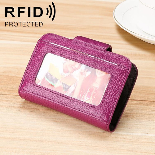 KB188 Horizontal Cowhide Leather Organ Shape Multiple Card Slots Anti-magnetic RFID Wallet for Ladies, with Transparent Window(Purple)
