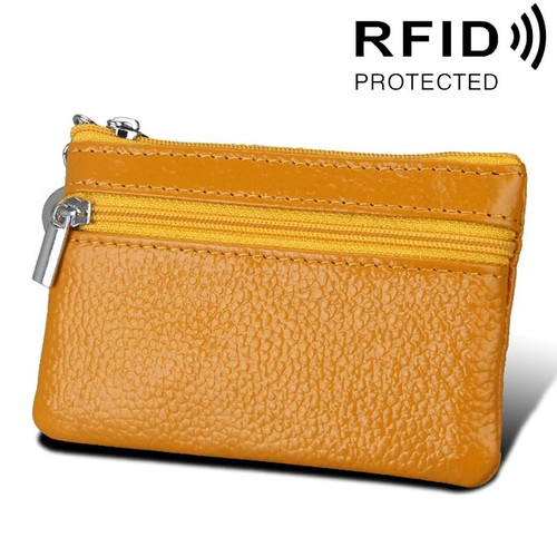 Cowhide Leather Zipper Solid Color Horizontal Card Holder Wallet RFID Blocking Coin Purse Card Bag Protect Case, Size: 11.4*7.4cm(Yellow)