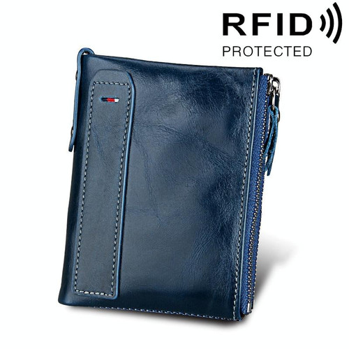 Genuine Cowhide Leather Crazy Horse Texture Dual Zipper Short Style Card Holder Wallet RFID Blocking Card Bag Protect Case for Men, Size: 12.1*9.4*2.7cm(Blue)