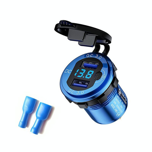 Aluminum Alloy Double QC3.0 Fast Charge With Button Switch Car USB Charger Waterproof Car Charger Specification: Blue Shell Blue Light With Terminal Aluminum Alloy Double QC3.0 Fast Charge With Button Switch Car USB Charger Waterproof Car Charger Specification: Blue Shell Blue Light With Terminal