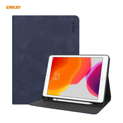 For iPad 10.2 2021 / 2020 / 2019 ENKAY ENK-8023 Cow Texture PU Leather + TPU Smart Case with Pen Slot(Dark Blue)