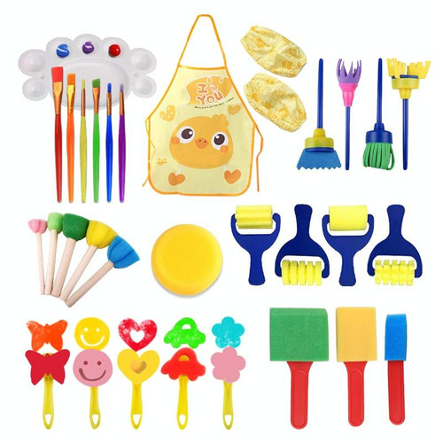 Children DIY Sponge Seal Painting Brush Painting Tool Set(Yellow Painting Clothes)