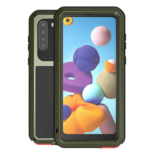 For Samsung Galaxy A21 (US Version) LOVE MEI Metal Shockproof Waterproof Dustproof Protective Case with Glass(Army Green)