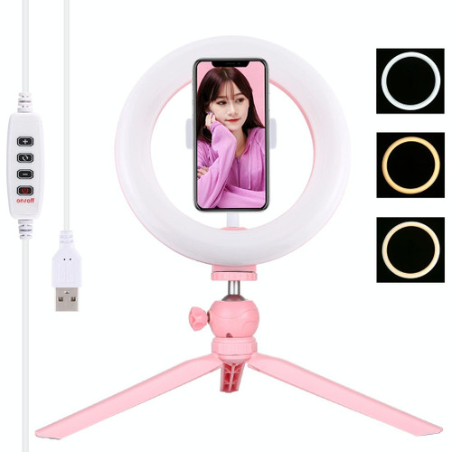 PULUZ 7.9 inch 20cm Light + Desktop Tripod Mount USB 3 Modes Dimmable Dual Color Temperature LED Curved Light Ring Vlogging Selfie Beauty Photography Video Lights with Phone Clamp(Pink)